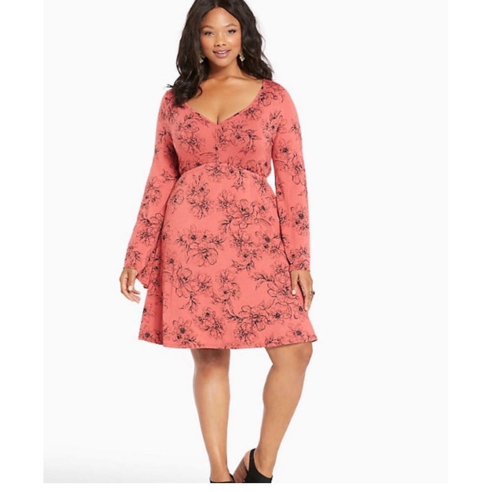 Torrid‎ Coral Pink Floral Jersey Bell Sleeve Skater Dress 00 Plus Size M/L
